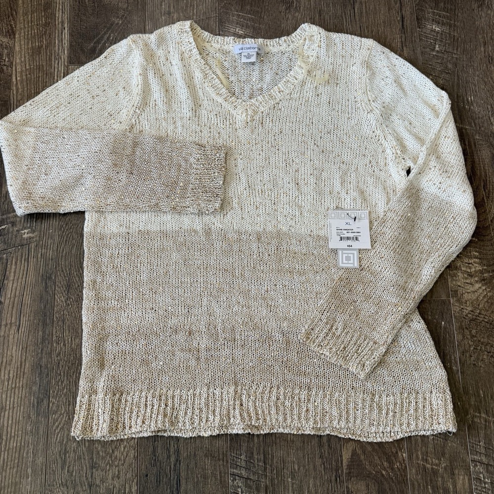 Liz Claiborne Women's Ivory Gold Sweater NWT Long Sleeve Sequin Embellishment XL